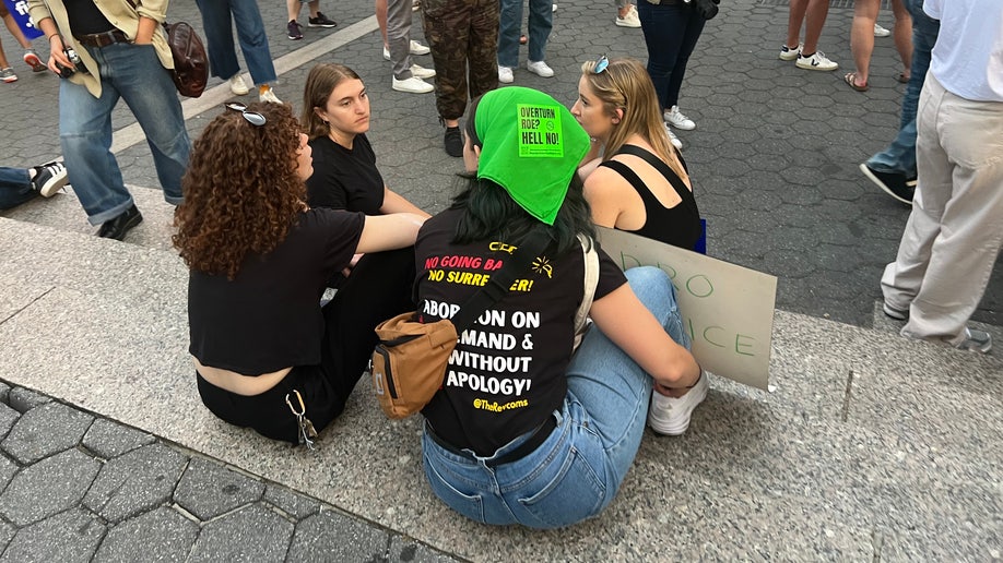 Protestors sitting on steps