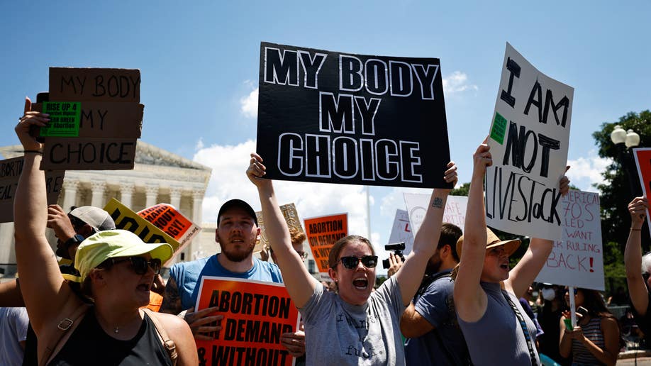 A woman holds a pro-choice sign