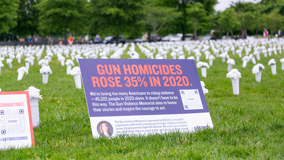 Sign saying gun homicides rose by 35% in 2020