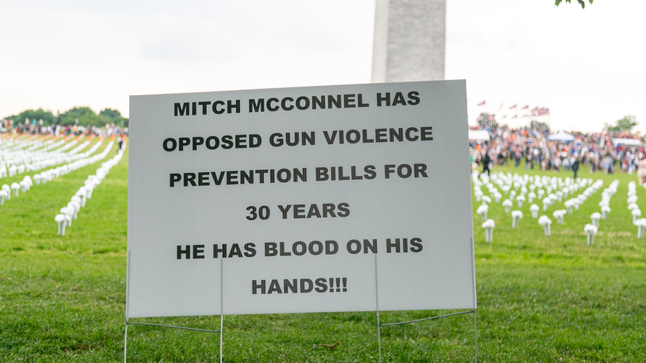 Sign saying Mitch McConnell has opposed gun violence prevention bills