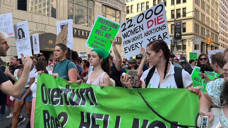 Close up of protesters holding a green sign
