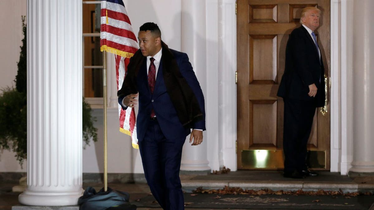 Speaker of the Oklahoma House of Representatives T.W. Shannon departs after meeting with U.S. President-elect Donald Trump at Trump National Golf Club in Bedminster, New Jersey, U.S., November 20, 2016.