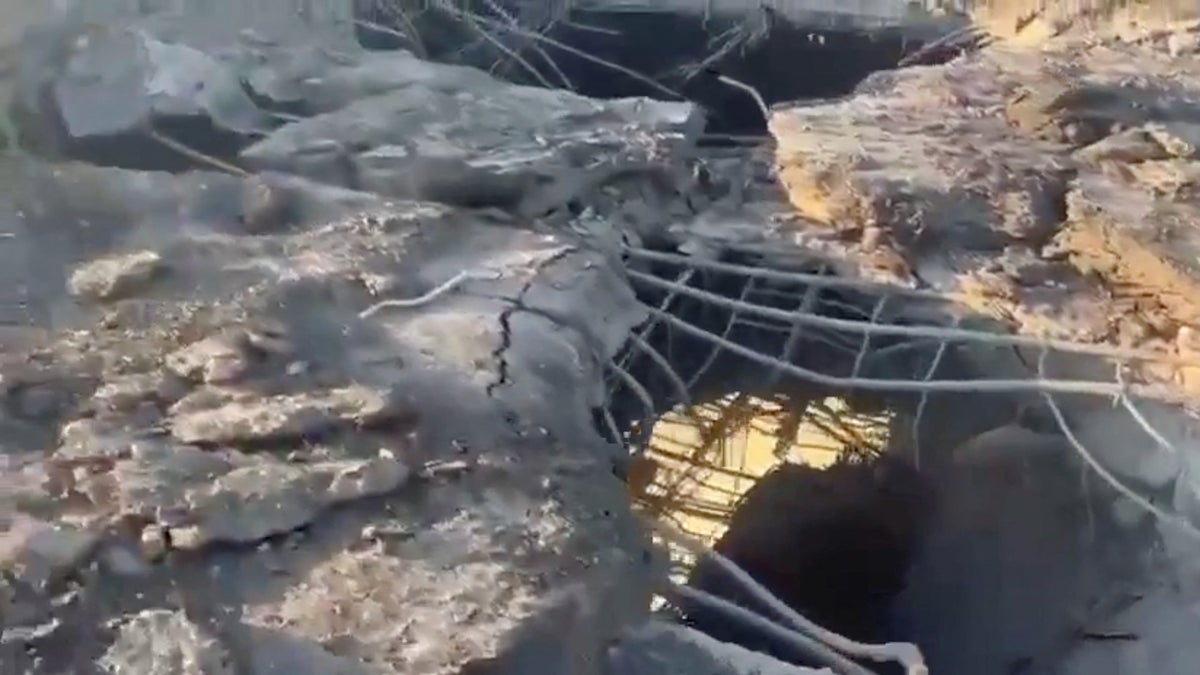 A badly damaged bridge in Ukraine