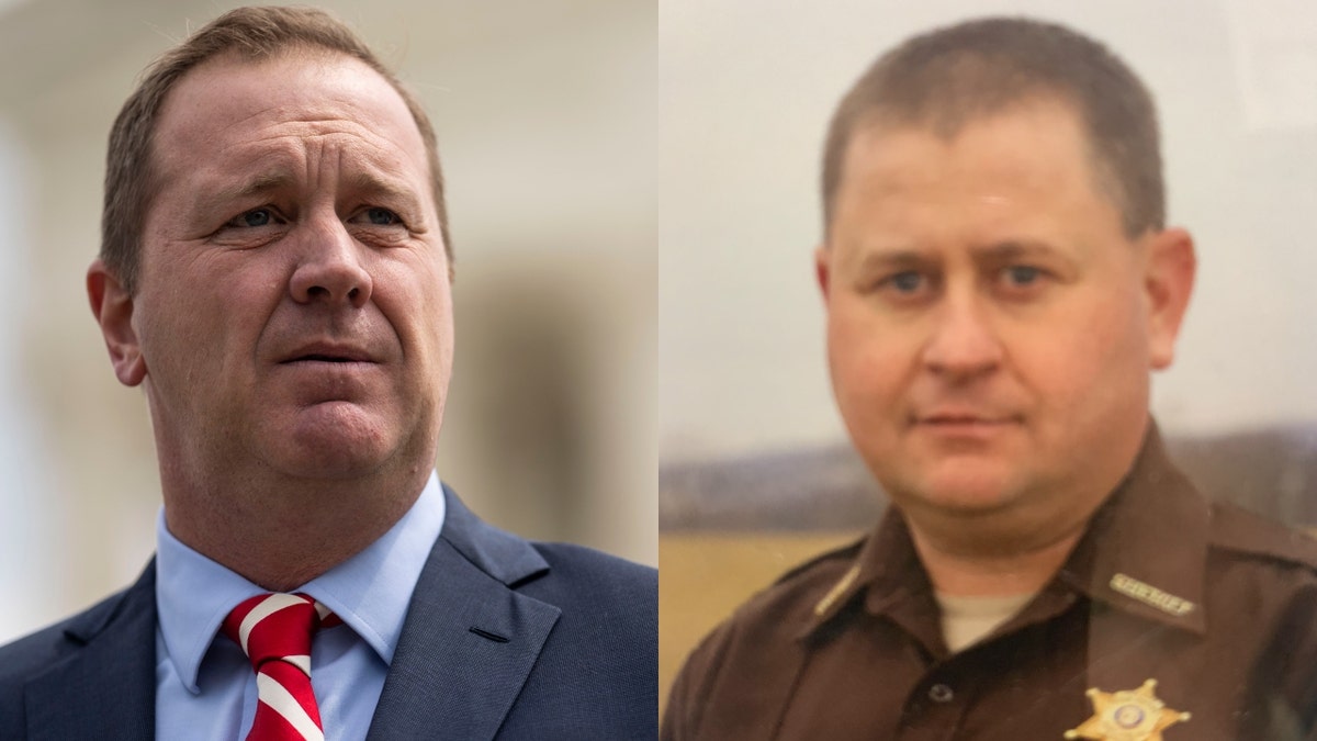 Compilation photo of Missouri Attorney General Eric Schmitt speaking outside Supreme Court and headshot of Scotland County Sheriff Bryan Whitney