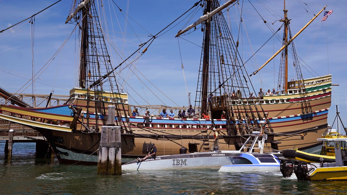 IBM robot boat reaches Plymouth rock The crewless robotic boat retraced the 1620 sea voyage of the Mayflower. 