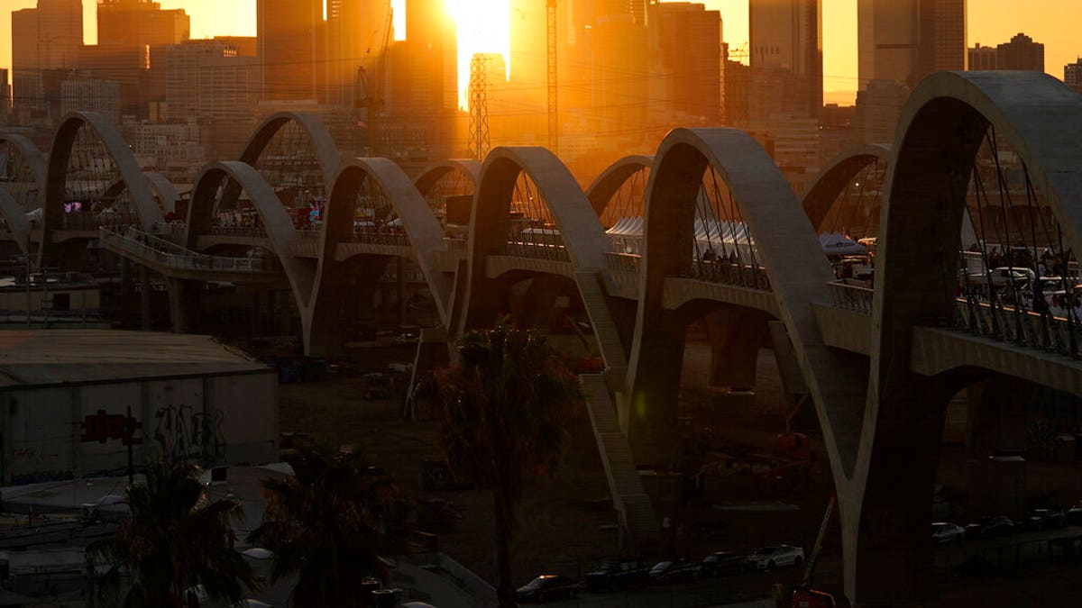Sun sets in a scene of the Sixth Street Bridge in Los Angeles