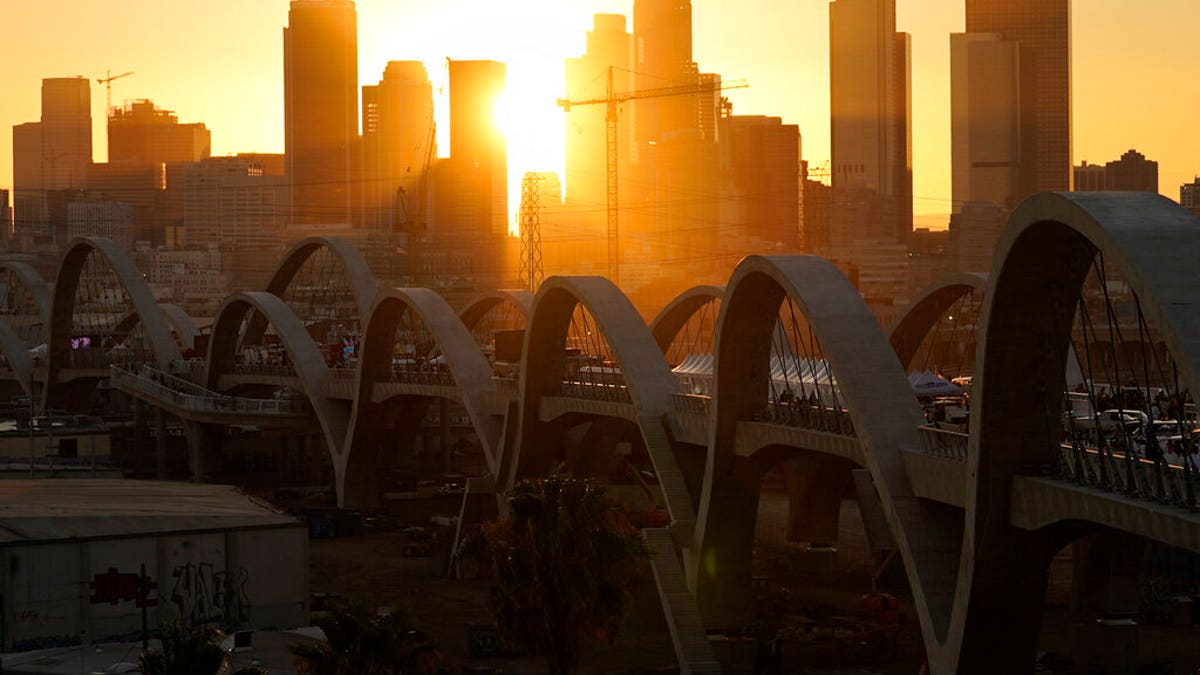 Sun sets in a scene of the Sixth Street Bridge in Los Angeles