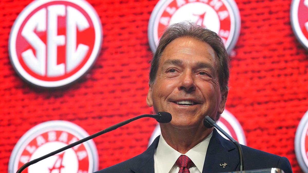 Alabama head coach Nick Saban speaks to reporters at SEC Media Days