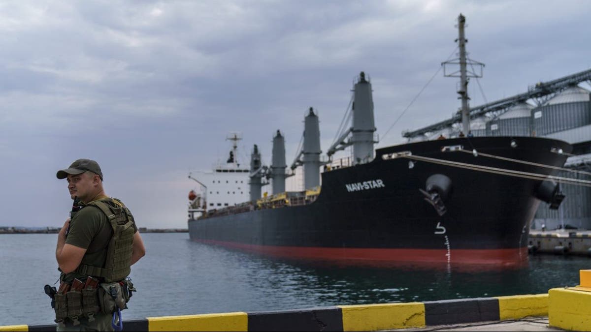 A cargo ship containing Ukrainian grain is guarded by a man
