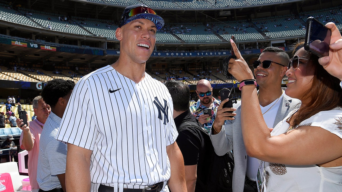 Aaron Judge speaks to the media