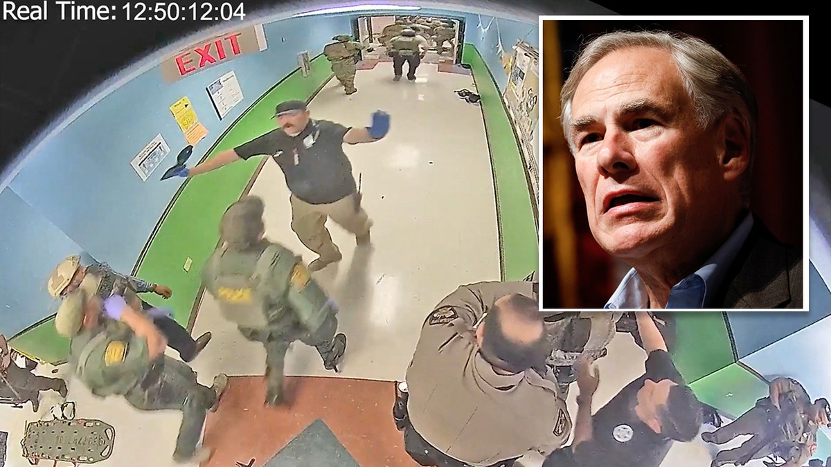 Screengrab of Uvalde surveillance video behind inset of Texas Gov. Greg Abbott appearing concerned