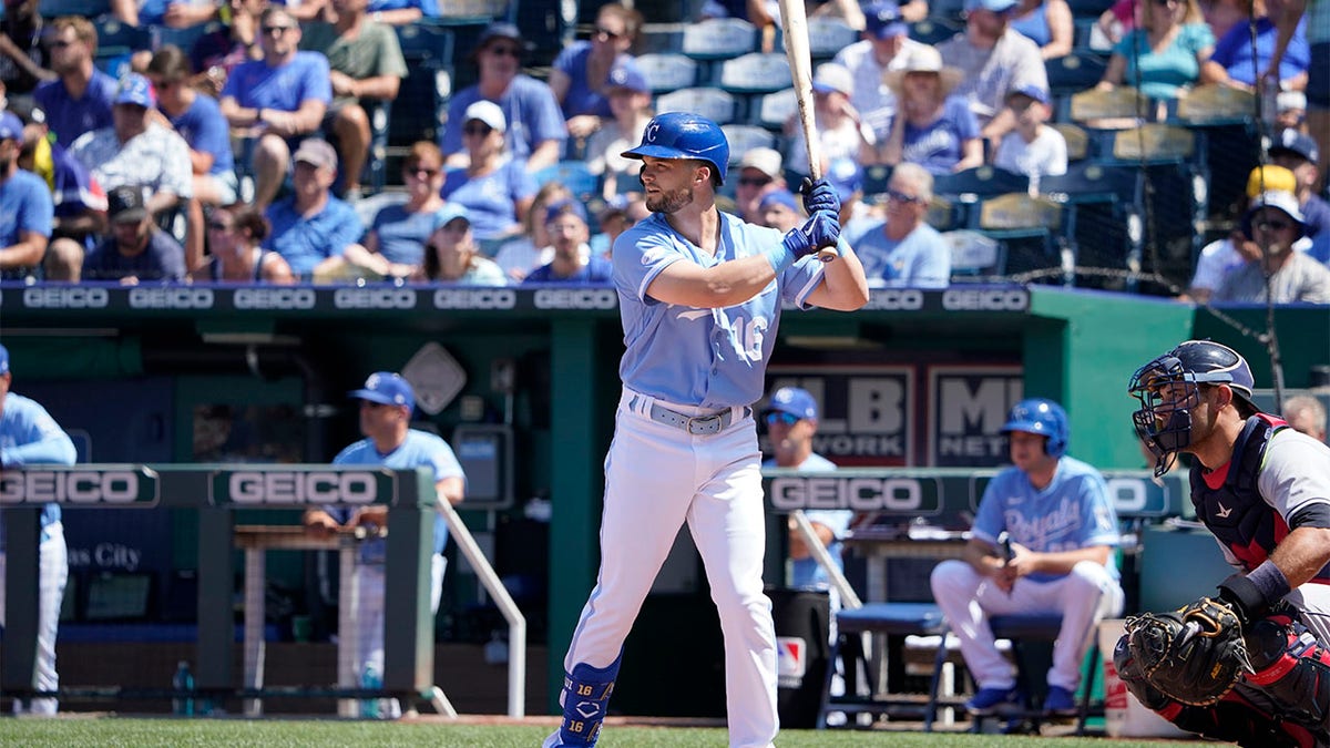 Andrew Benintendi #16 of the Kansas City Royals bats against the Cleveland Guardians in the first inning at Kauffman Stadium on July 9, 2022 in Kansas City, Missouri.?