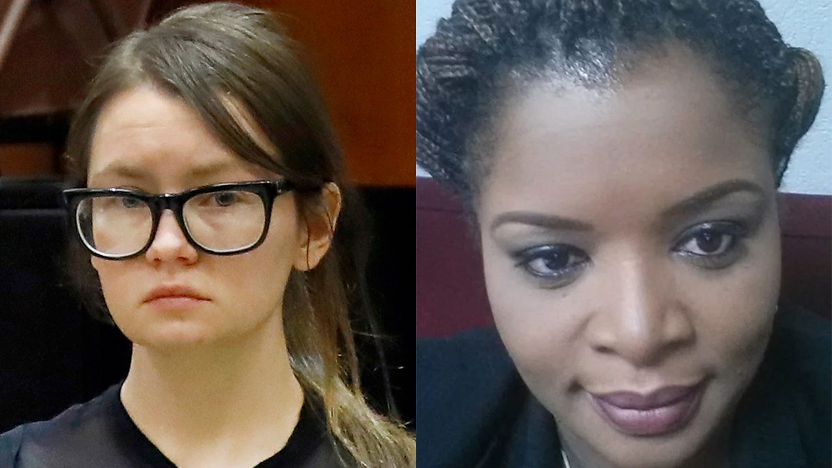 Anna Sorokin wearing her signature black-framed glasses and her ex-lawyer Audrey Thomas