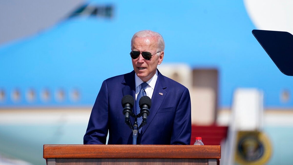 President Joe Biden speaks during an arrival ceremony after arriving at Ben Gurion Airport, Wednesday, July 13, 2022, in Tel Aviv. 