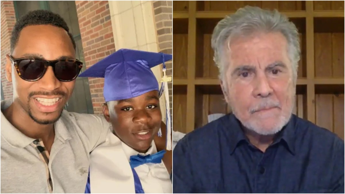 Gianno Caldwell with Christian Caldwell in a blue mortarboard, and John Walsh split