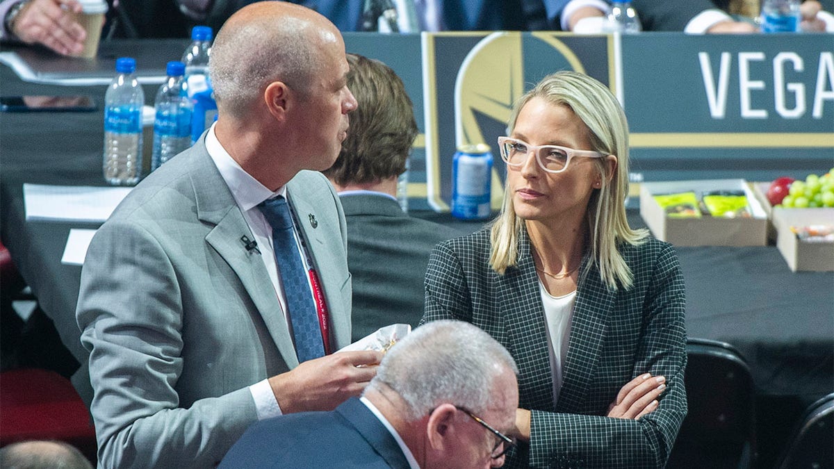 Emilie Castonguay talks to general manager Patrik Allvin