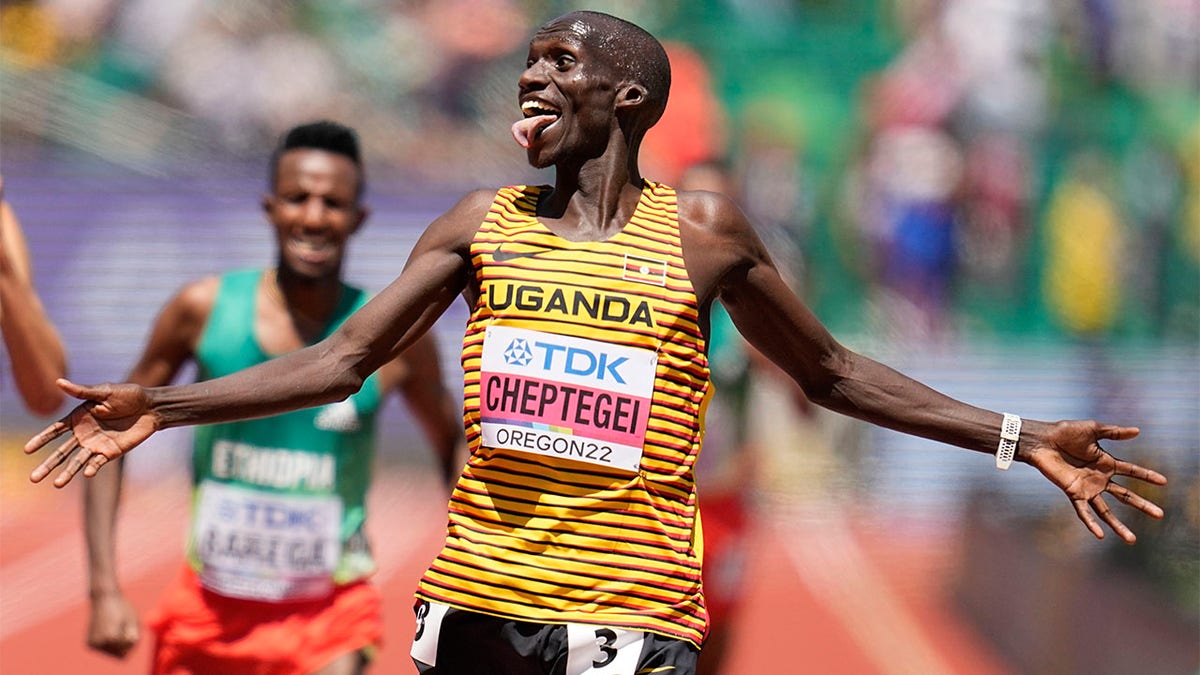 Joshua Cheptegei reacts to winning
