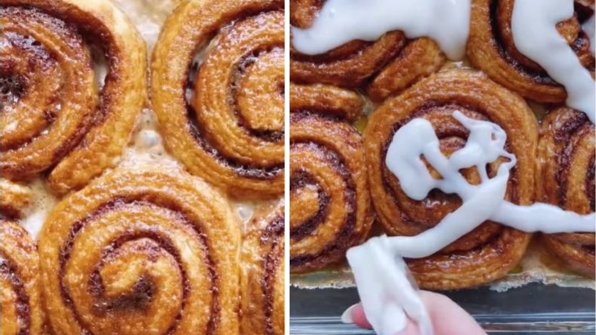 Kelsey Lynch's viral cinnamon roll recipe from TikTok baked in oven and covered in icing