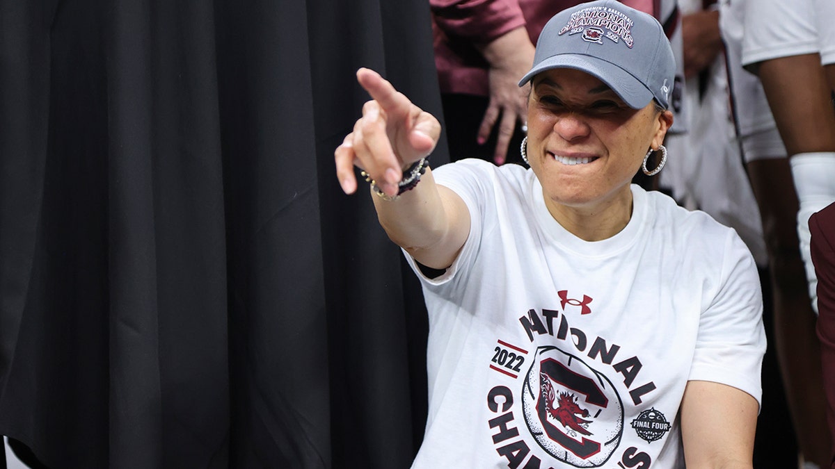 Dawn Staley points in excitement