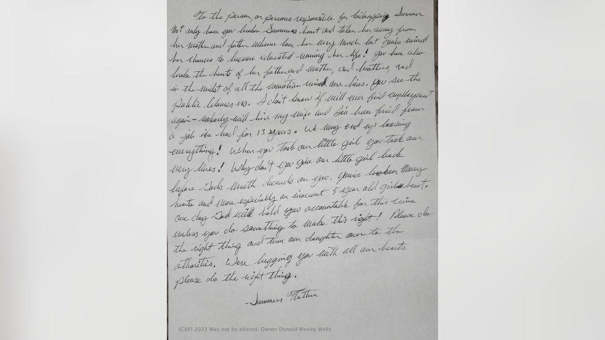 A copy of the handwritten letter