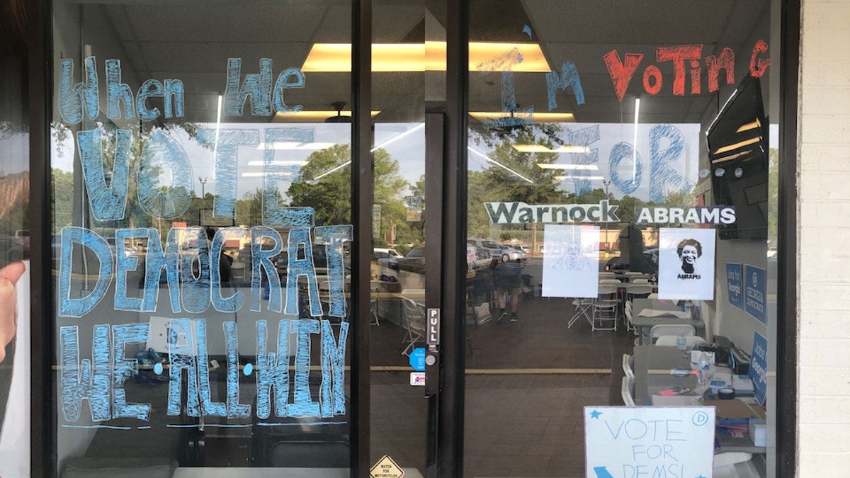 Side-by-side photos of campaign office and polling station