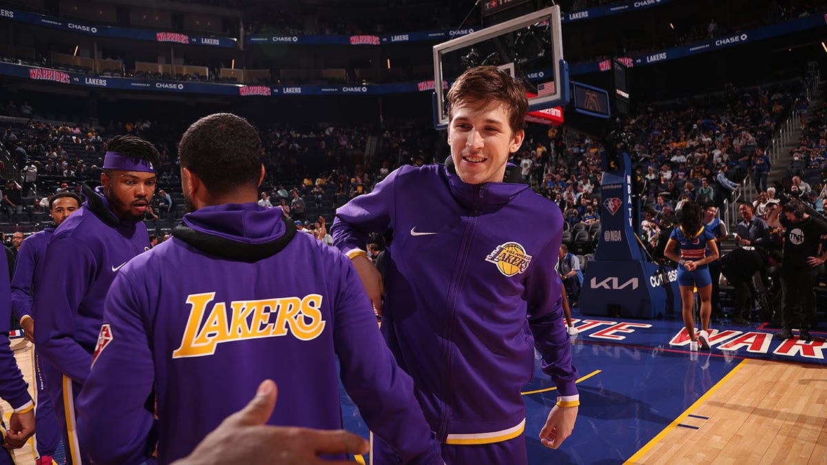 Lakers' Austin Reaves before an April game against the Golden State Warriors