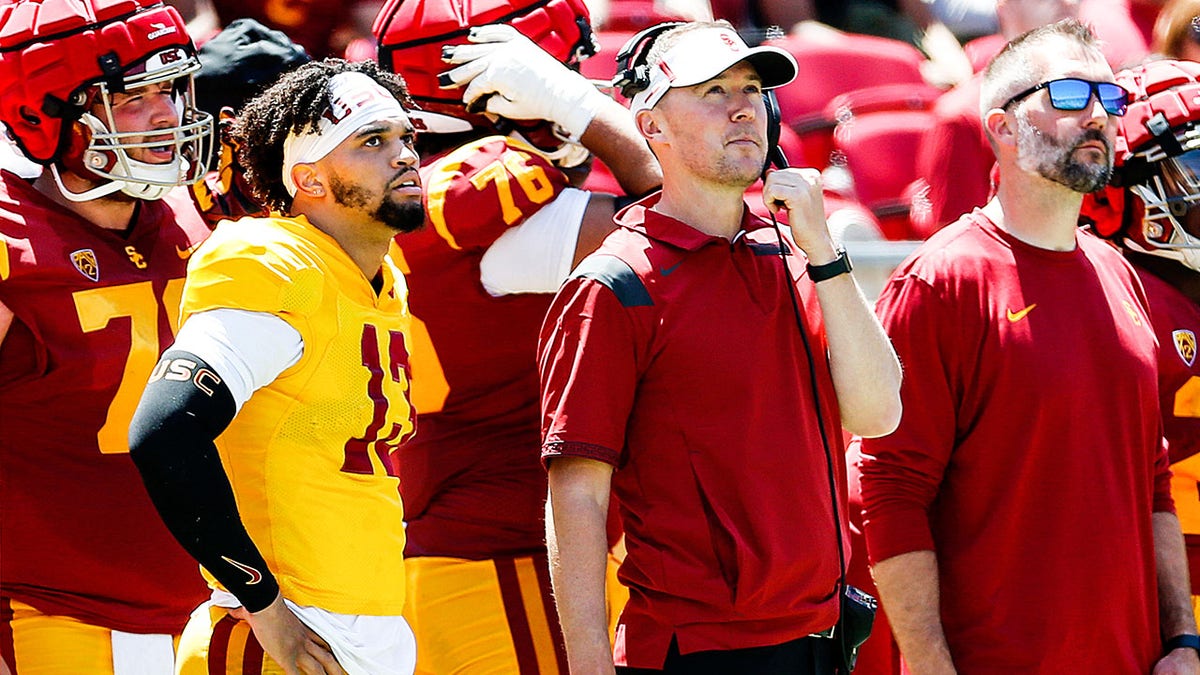 USC head coach Lincoln Riley looks on at USC's Spring Game