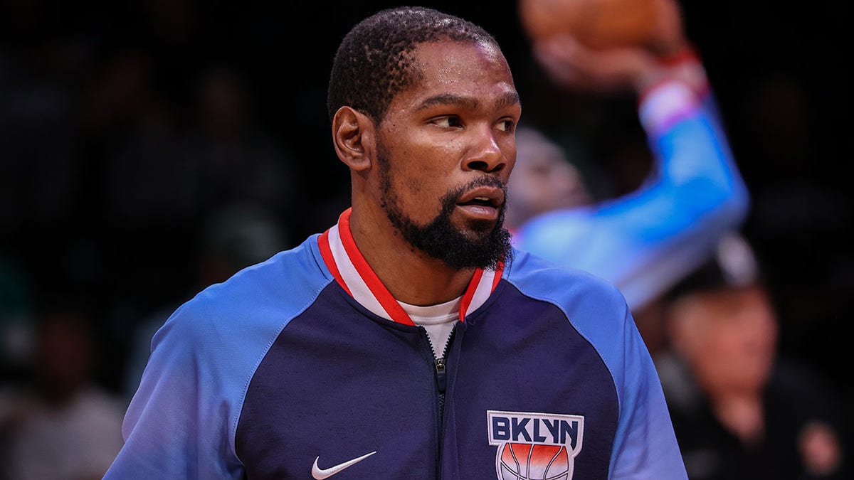 Kevin Durant on the court before a playoff game against the Boston Celtics