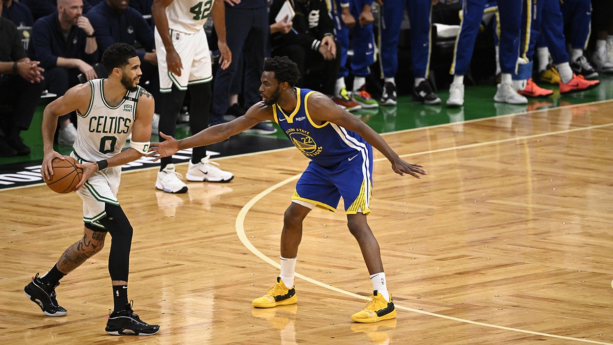 Andrew Wiggins of the Golden State Warriors is seen playing in a game against the Bostom Celtics 