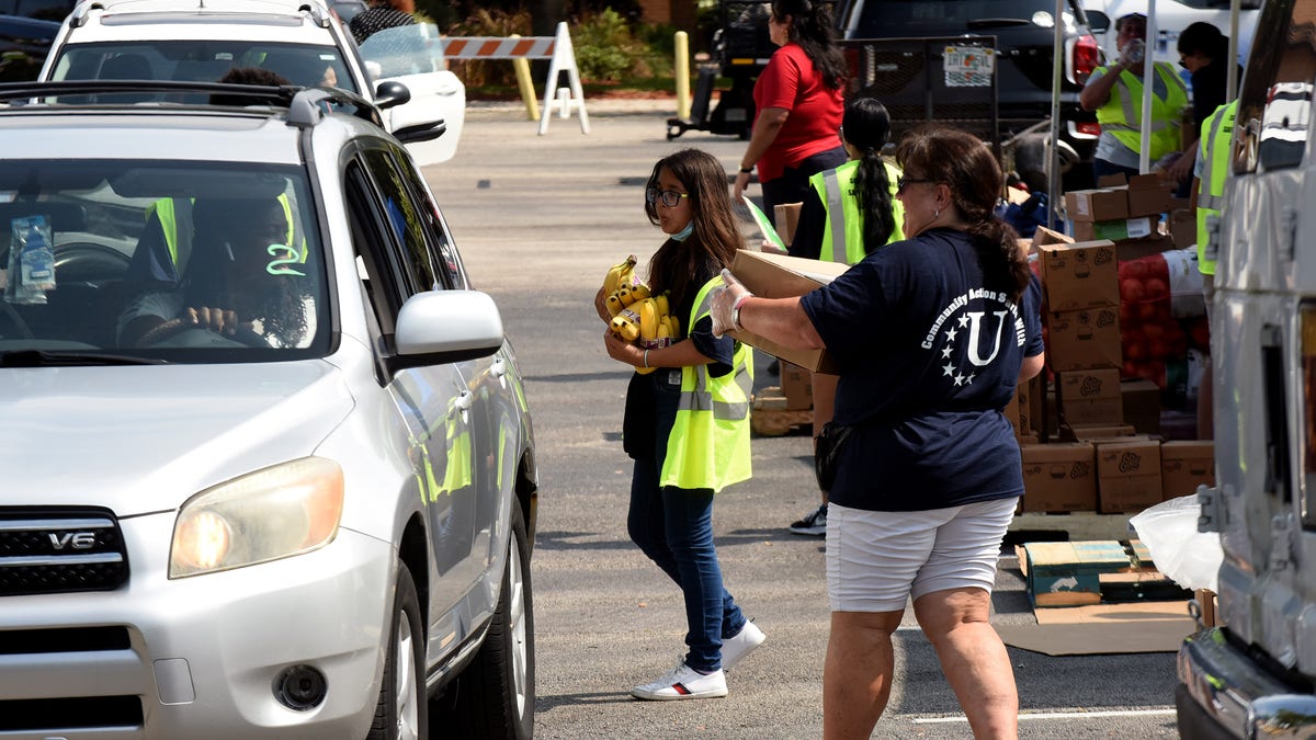 people line up in cars outside food bank