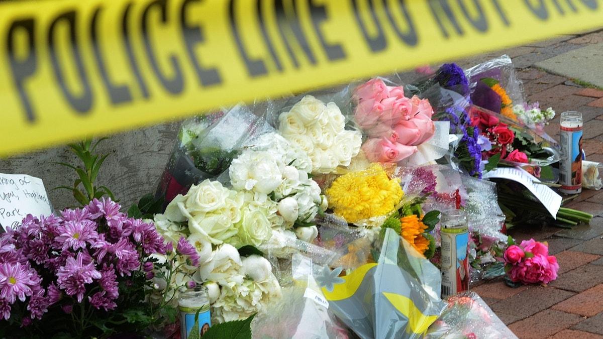 Memorial flowers after 4th of July parade mass shooting in Highland Park, Illinois