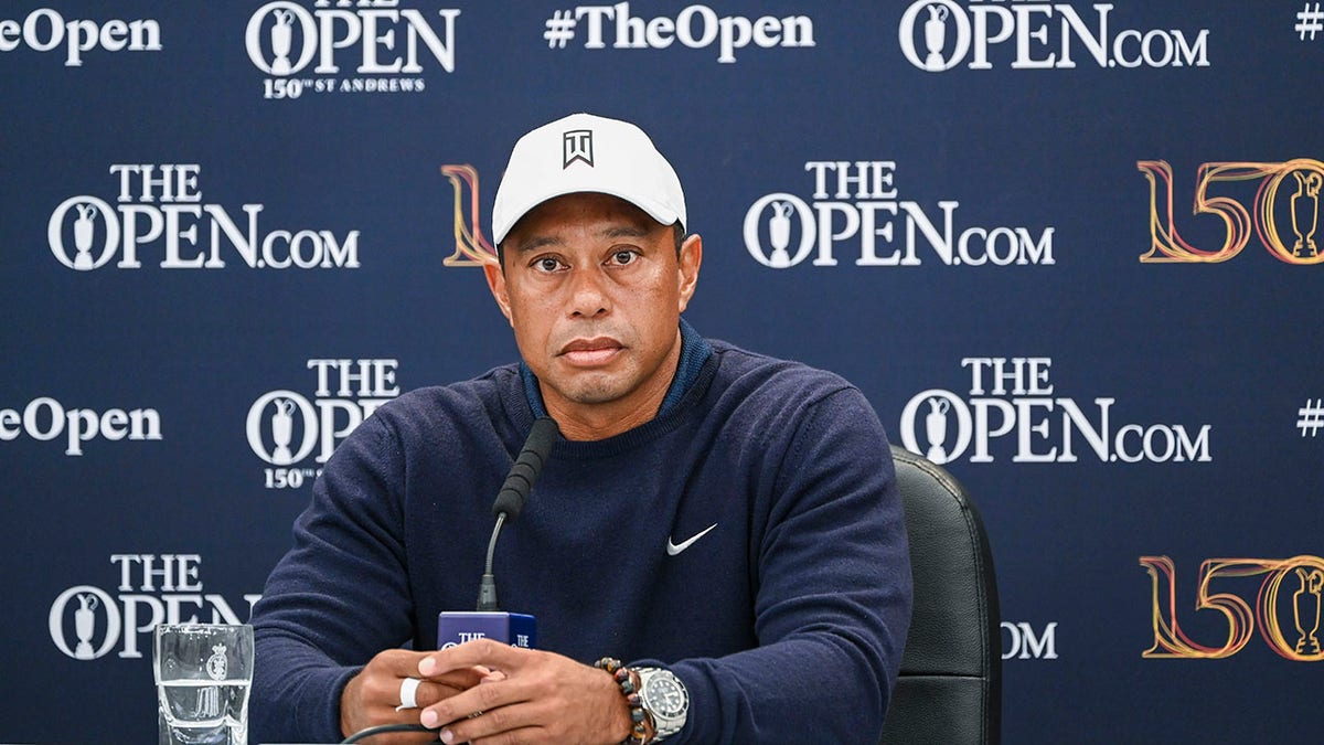 Tiger Woods talks to reporters ahead of Open Championship