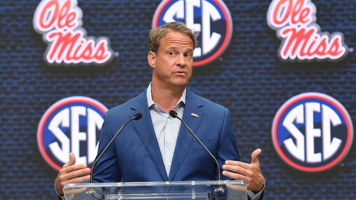 Ole Miss Rebels head coach Lane Kiffin addresses the media during the SEC Football Media Days on July 18, 2022, at the College Football Hall of Fame in Atlanta, Georgia.