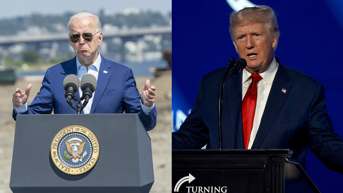 President Biden and former President Donald Trump speak at events in a side-by-side photo illustration