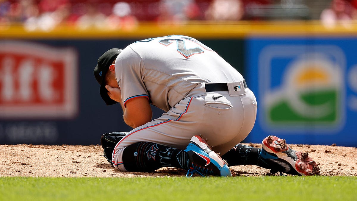 Marlins pitcher Daniel Castano after being hit in the head by a line drive