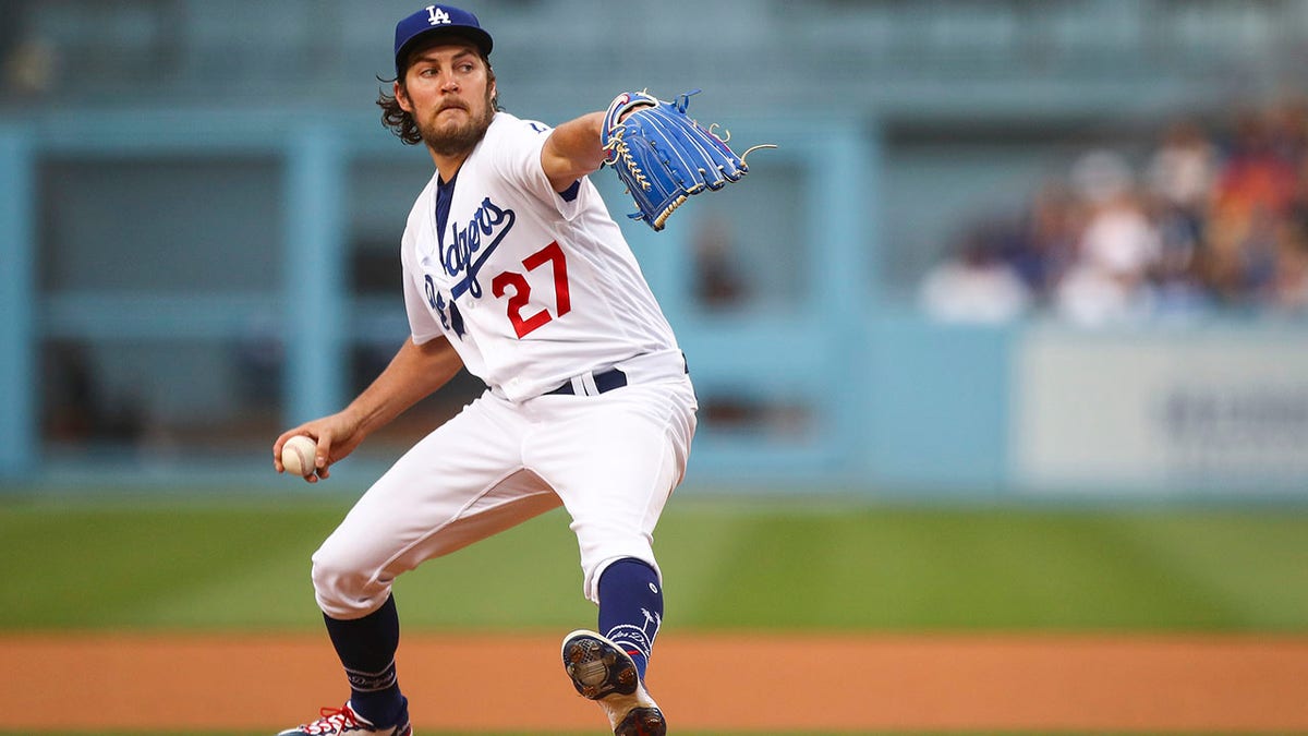 Dodgers pitcher Trevor Bauer throws a pitch at Dodgers Stadium 