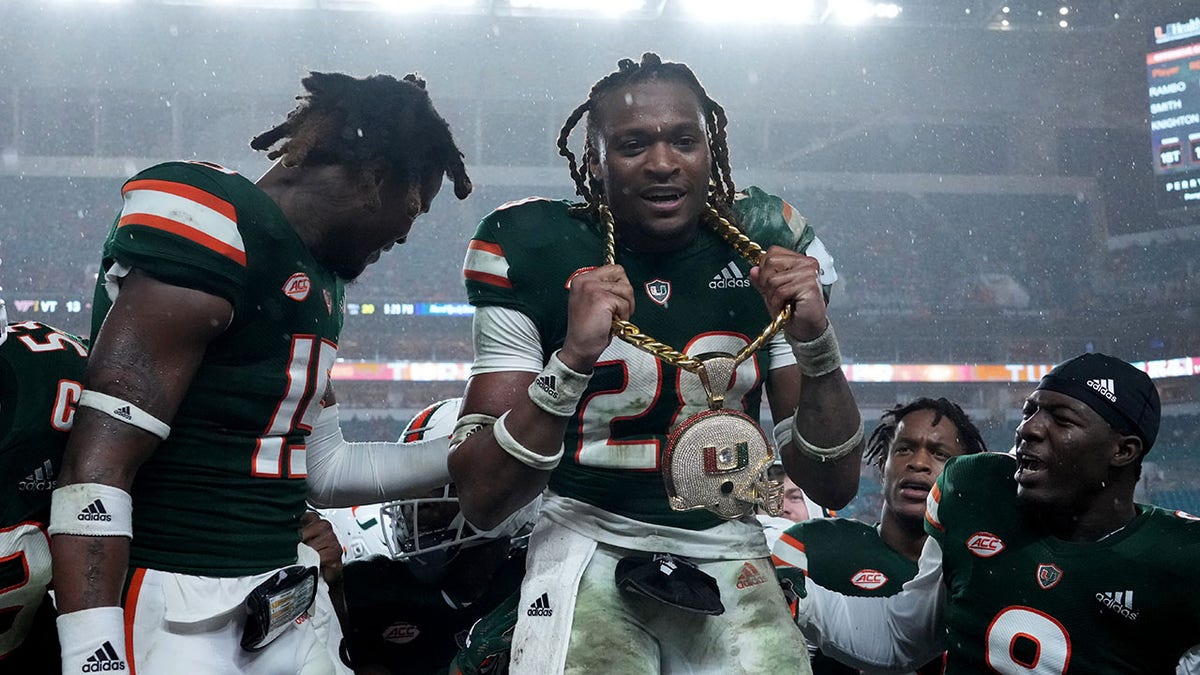 The Hurricanes show off their turnover chain in a game against Virginia Tech