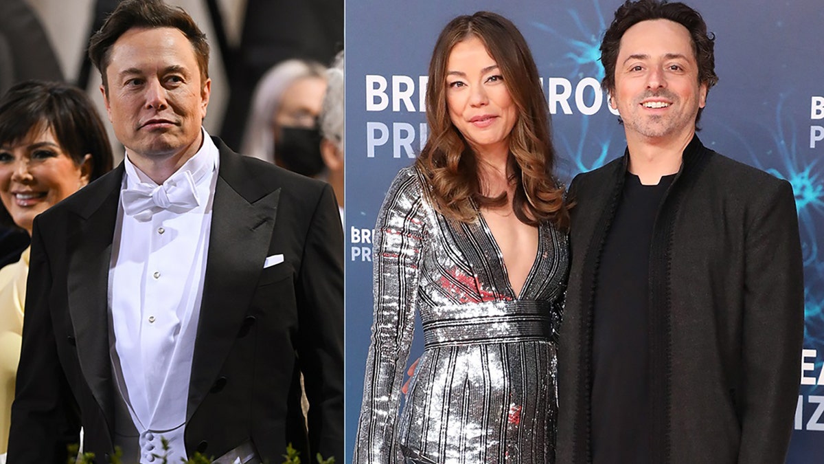 A split photo of Elon Musk, Nicole Shanahan and Sergey Brin at various events