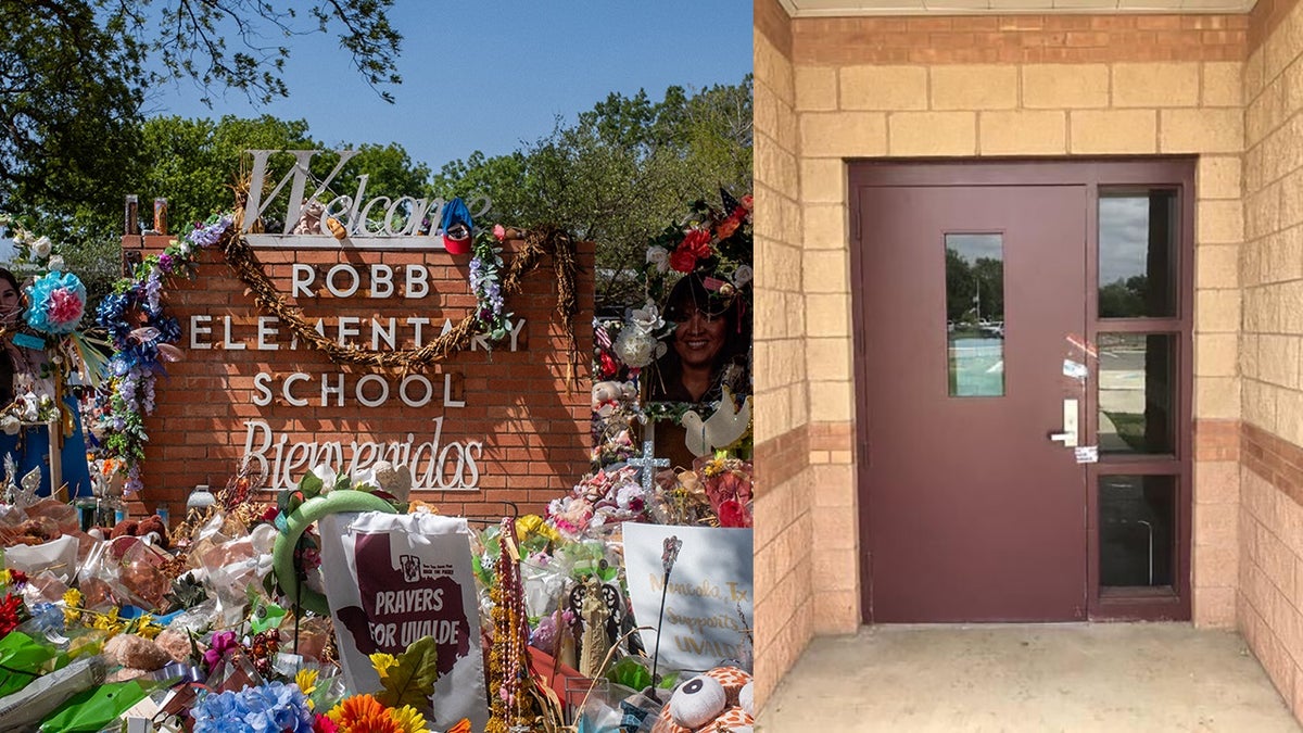 A photo combination of a Robb Elementary School sign and the west entrance door of the school. The sign is covered in flowers and gifts on June 17, 2022 in Uvalde, Texas, the location of a May mass shooting that killed 19 students and two teachers.