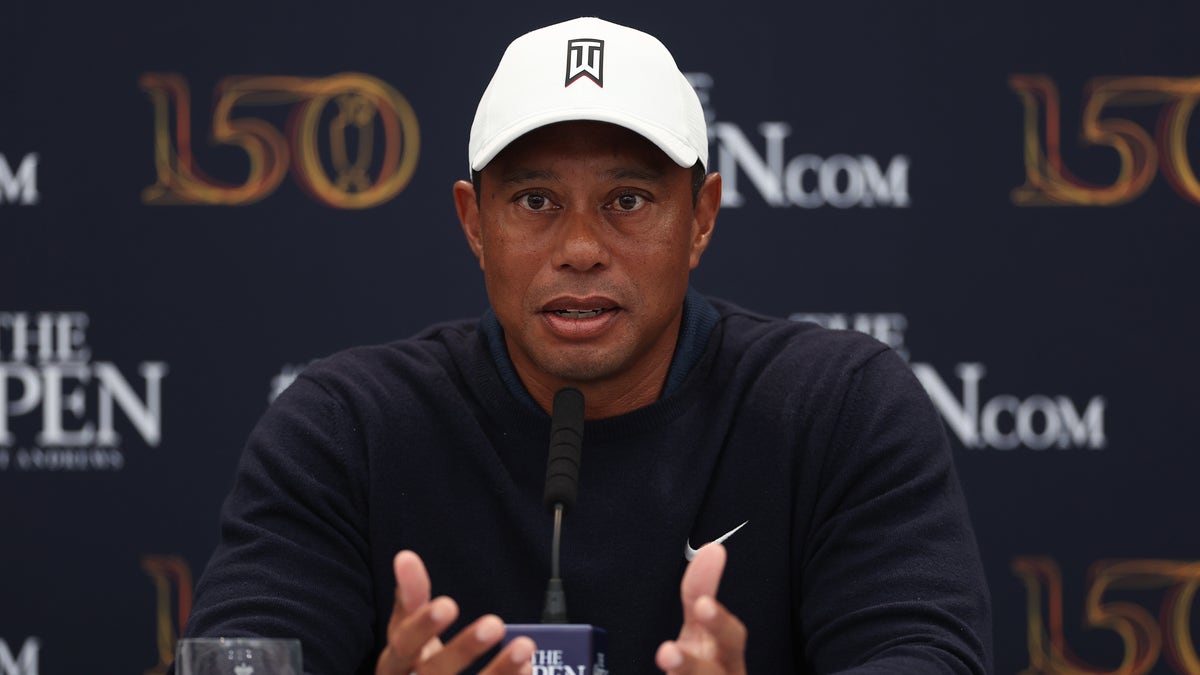 Tiger Woods talks to reporters ahead of Open Championship