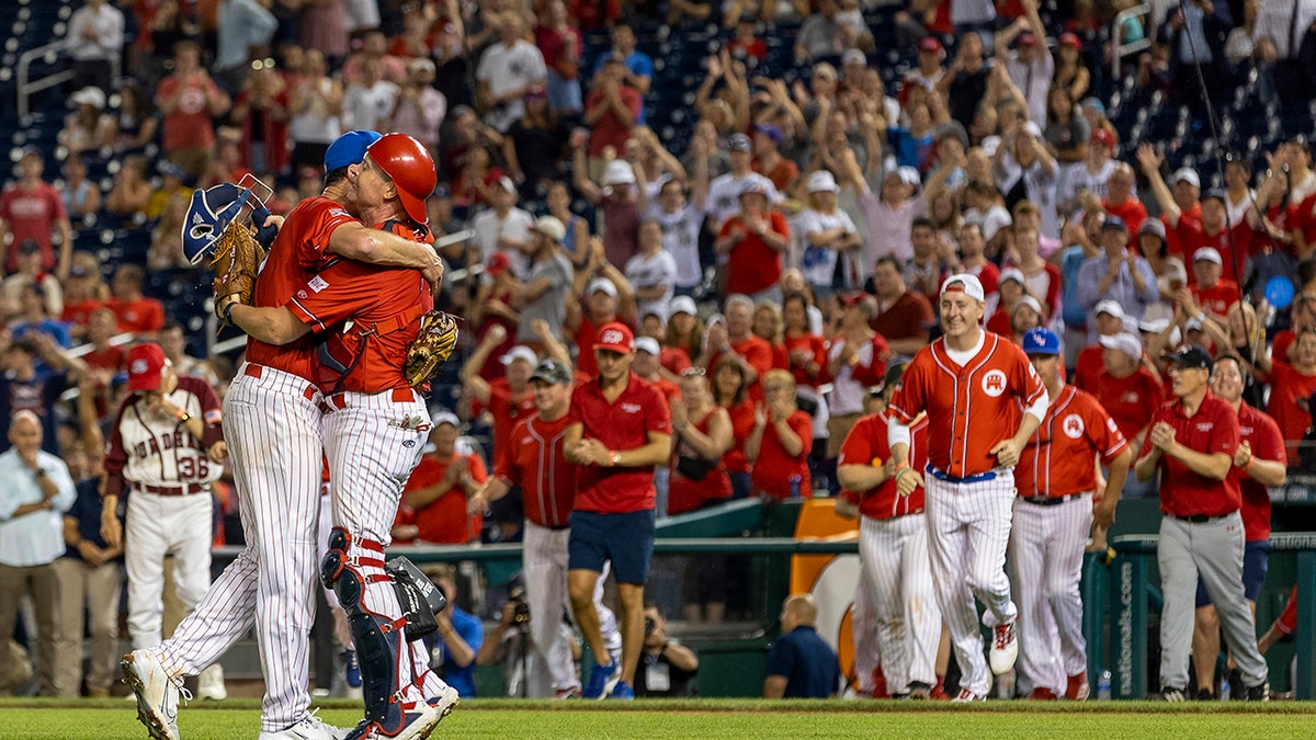 A photo of Republicans celebrating congressional baseball win