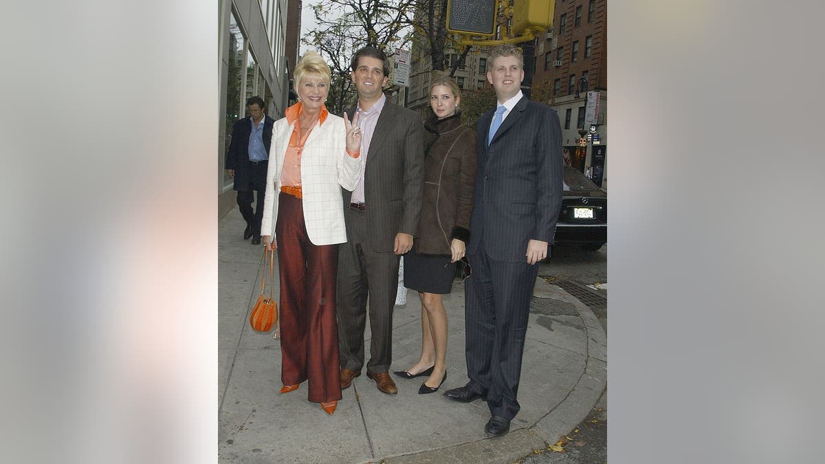 Ivana Trump poses with her children, Donald Trump Jr., Ivanka Trump and Eric Trump, after lunch at Frederick's Madison November 16, 2006 in New York City