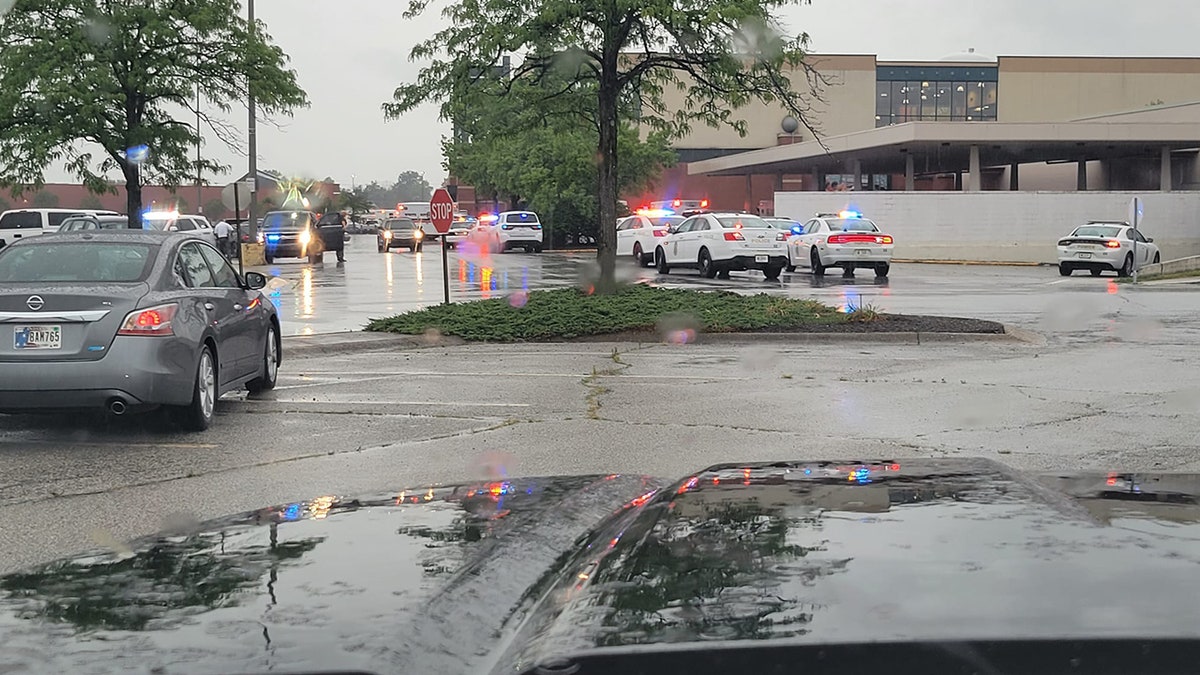 Police cars outside an Indiana mall amid a mass shooting