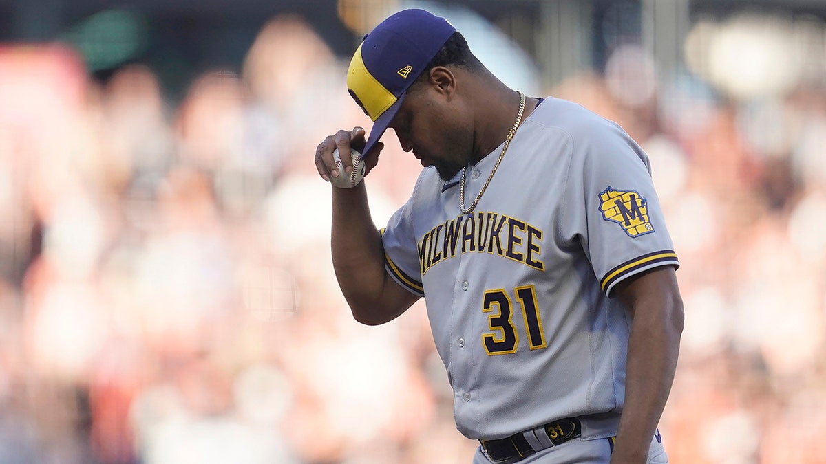 Jandel Gustave reacts after a balk