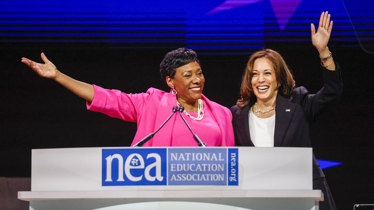 Kamala Harris and NEa president rebecca pringle at annual conference chicago