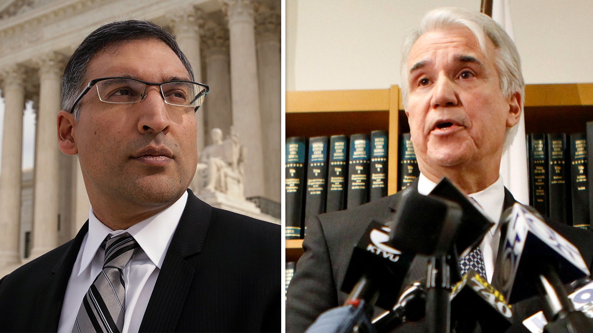 Attorney Neal Katyal gazes up in front of the Supreme Court of the US, Right: George Gascon holds a news briefing