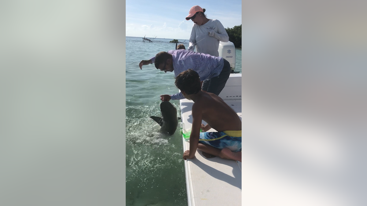 A viral video captured the moment a lemon shark bit a father’s pinky off after he reeled it in during a family fishing day in the Florida Keys.