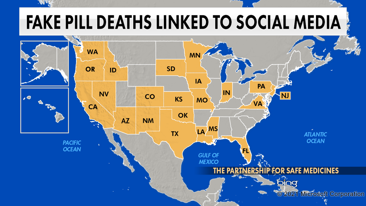 A map of states where a fake pill death has been reported