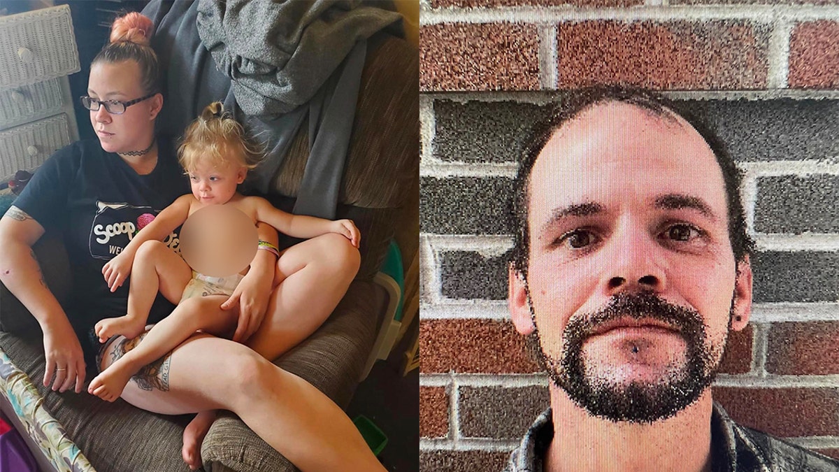 Jill Sidebotham holds her daughter Lydia in her lap, Nicholas Hansen poses in front of a brick wall