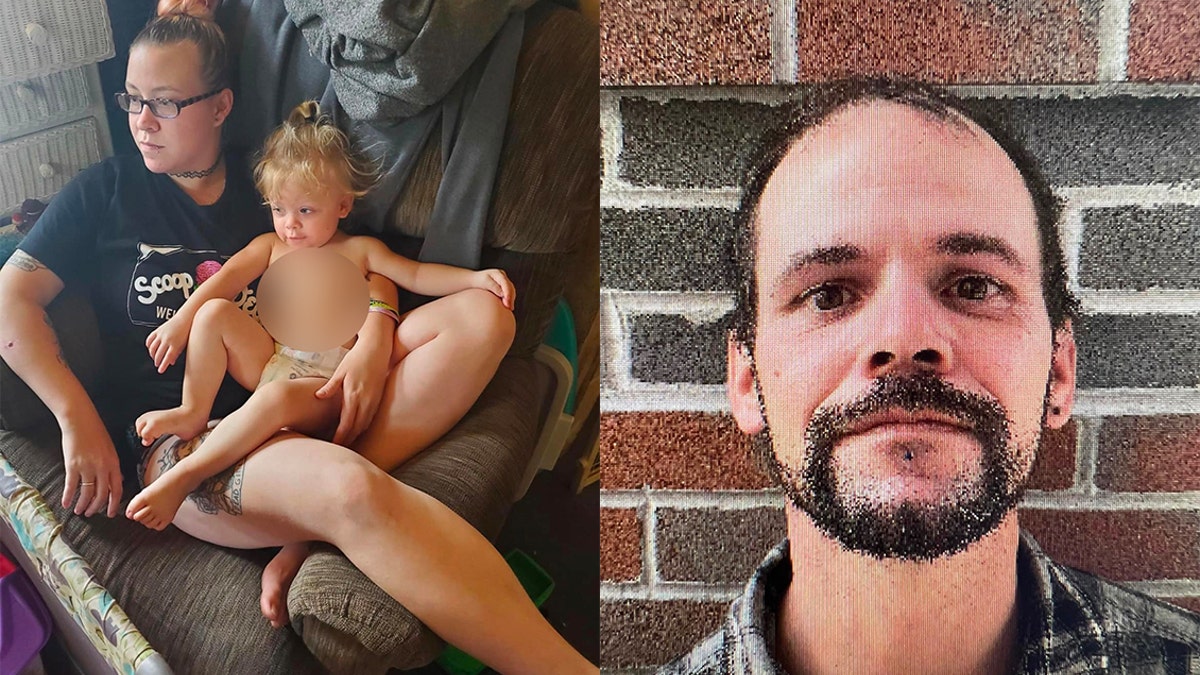 Jill Sidebotham holds her daughter Lydia in her lap, Nicholas Hansen poses in front of a brick wall